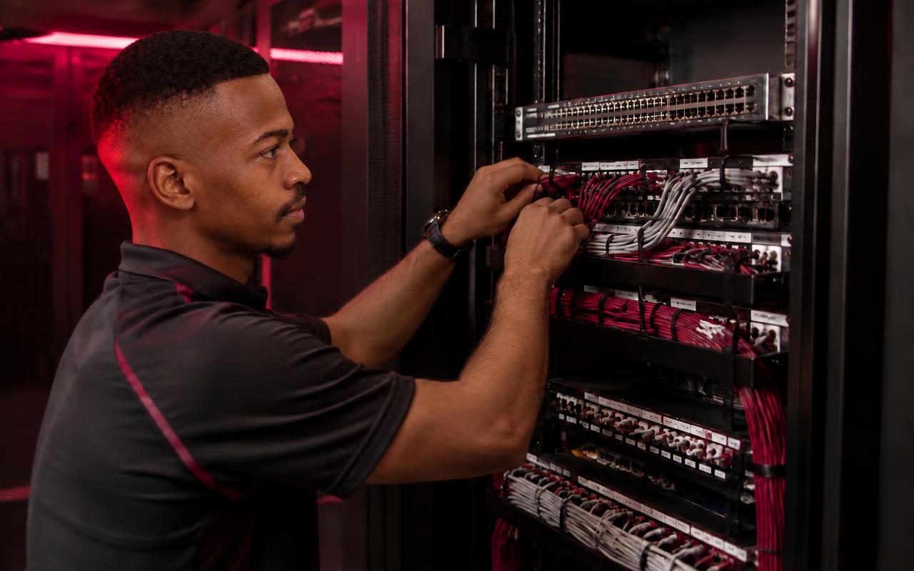 Networking SA technician working on a network rack